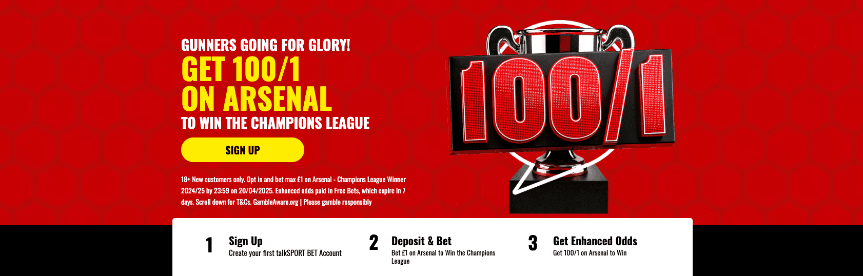 TalkSPORT BET Welcome Offer – Get 100/1 On Arsenal To Win The Champions League!